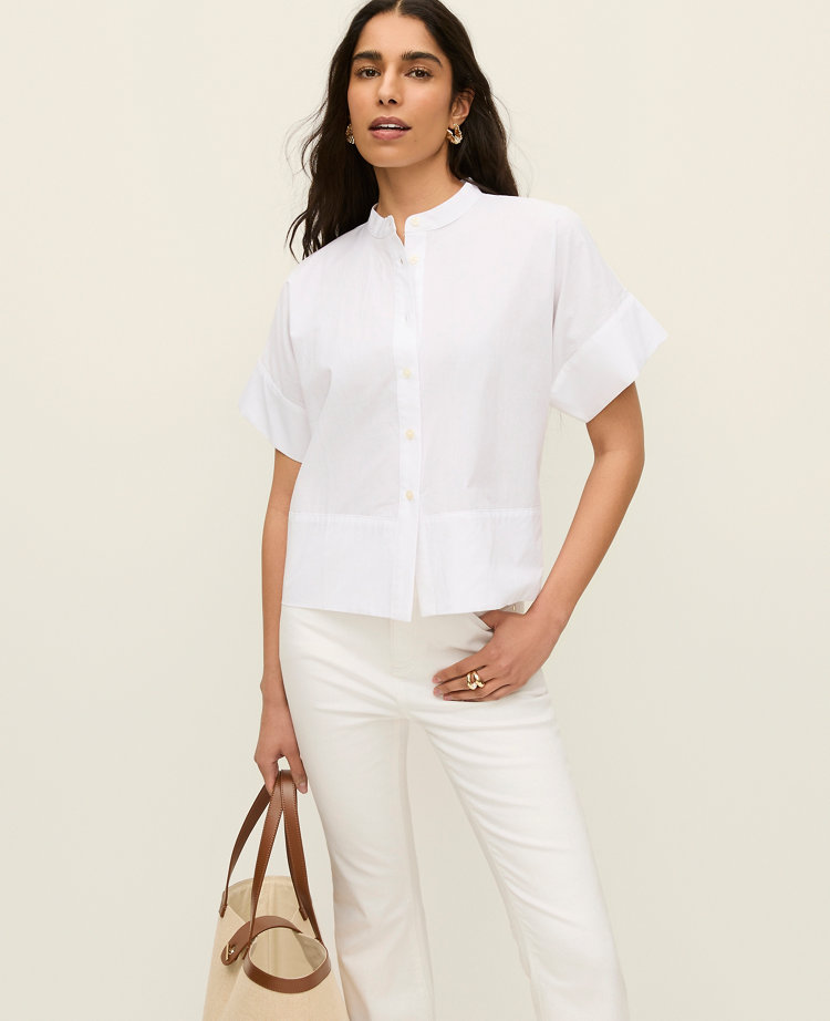 Ann Taylor Petite Stand Collar Poplin Blouse Women's