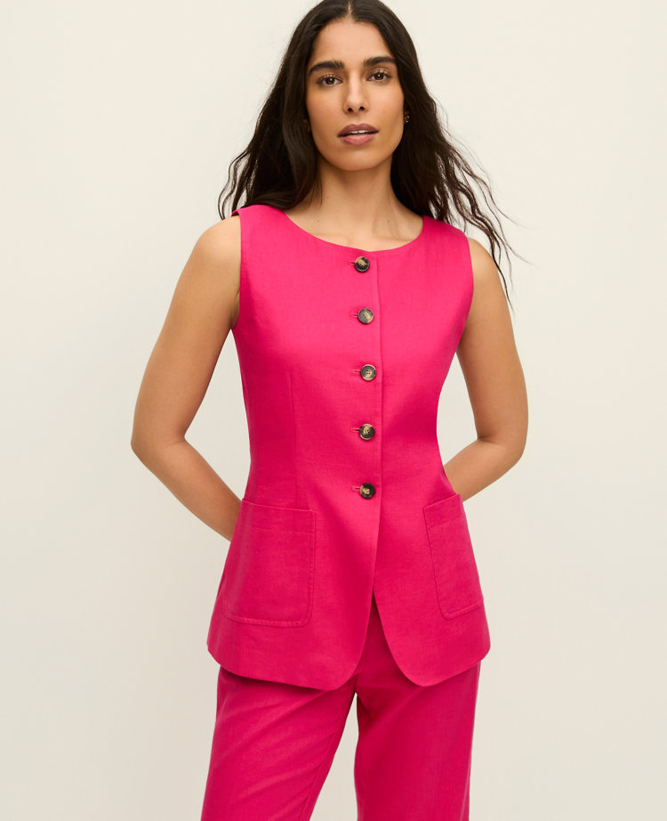 The Petite Long Crew Neck Vest in Linen Blend