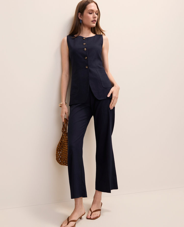 The Petite Long Crew Neck Vest in Linen Blend