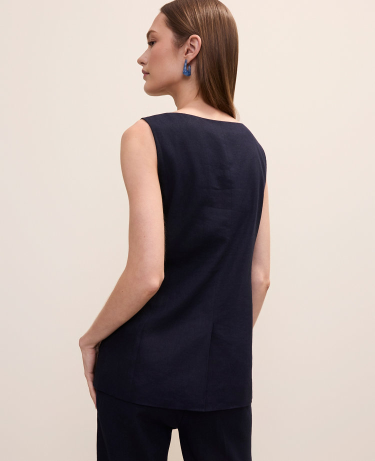 The Petite Long Crew Neck Vest in Linen Blend