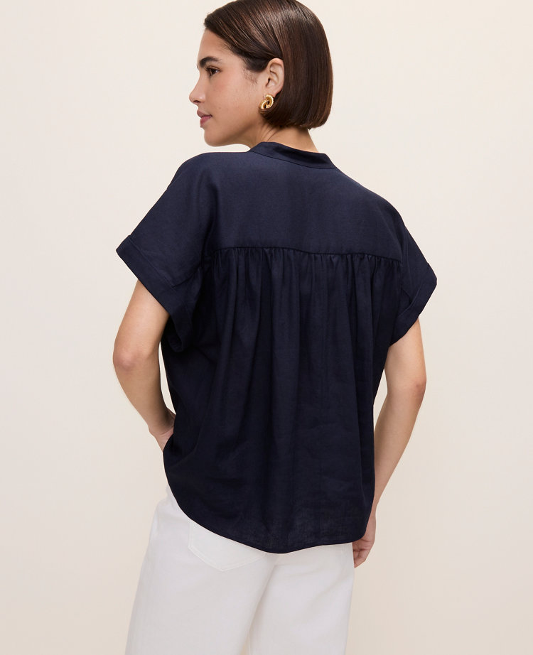 Linen Blend Split Neck Blouse