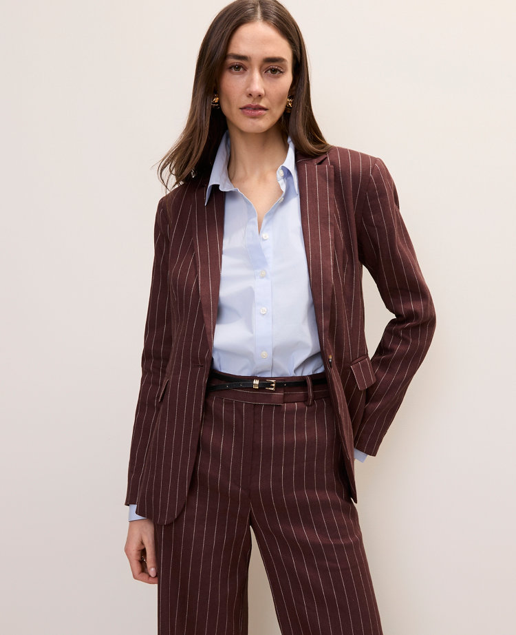 The Petite Long One Button Blazer in Linen Blend Pinstripe