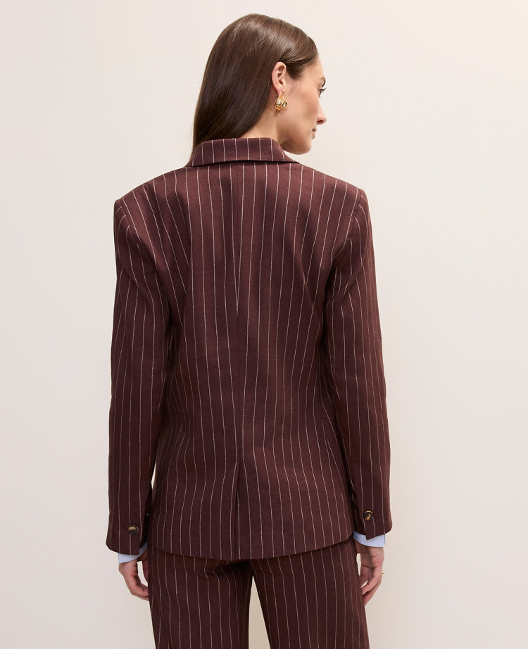 The Petite Long One Button Blazer in Linen Blend Pinstripe