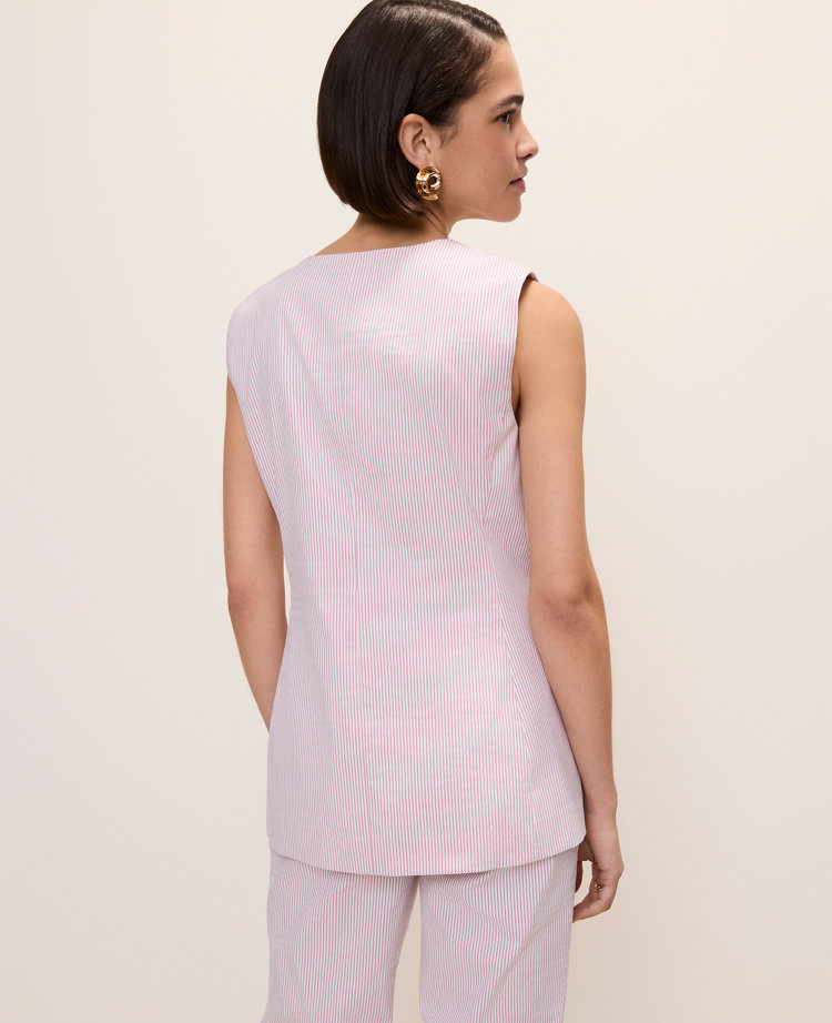 The Petite Long Crew Neck Vest in Seersucker