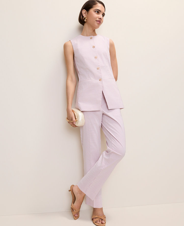 The Petite Long Crew Neck Vest in Seersucker