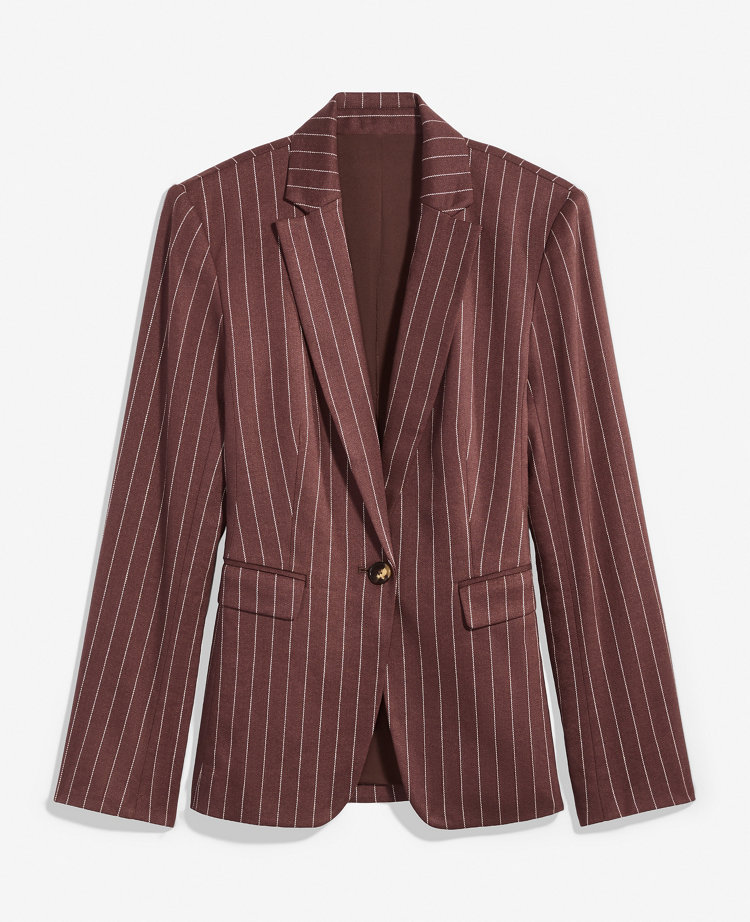 The Long One Button Blazer in Linen Blend Pinstripe