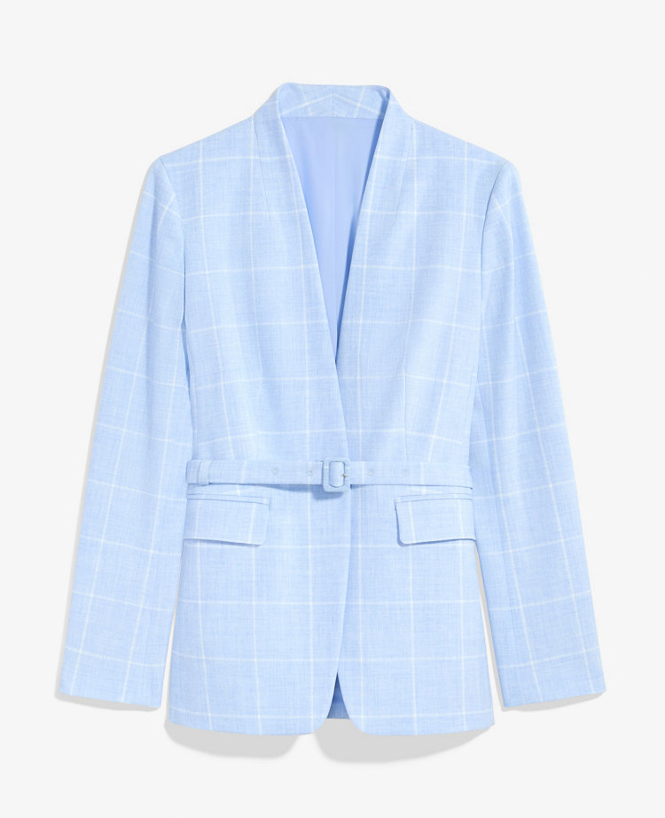 The Petite Collarless Belted Blazer in Windowpane
