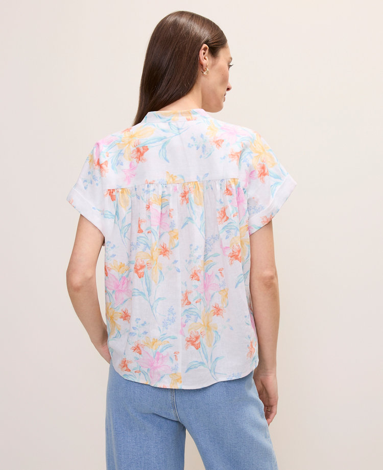 Ann Taylor Petite Floral Linen Blend Split Neck Blouse Women's