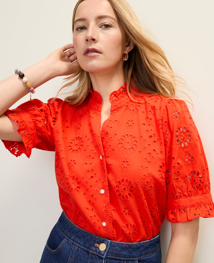 Ann Taylor Petite Eyelet Ruffle Blouse Aperol Women's