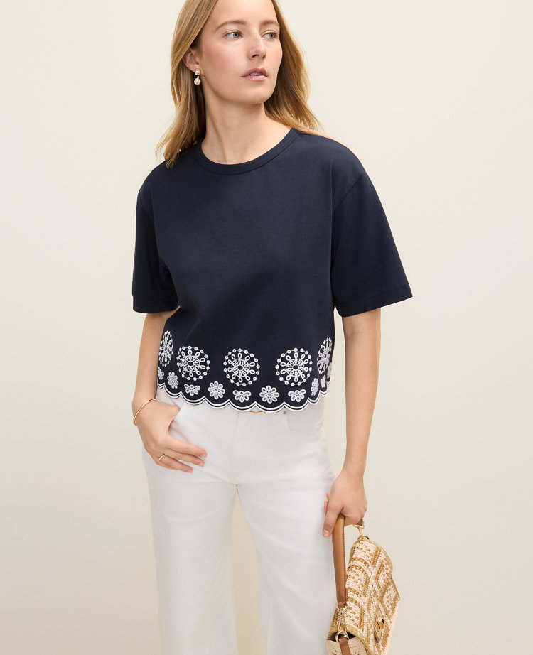 Petite Weekend Embroidered Elbow Sleeve Tee