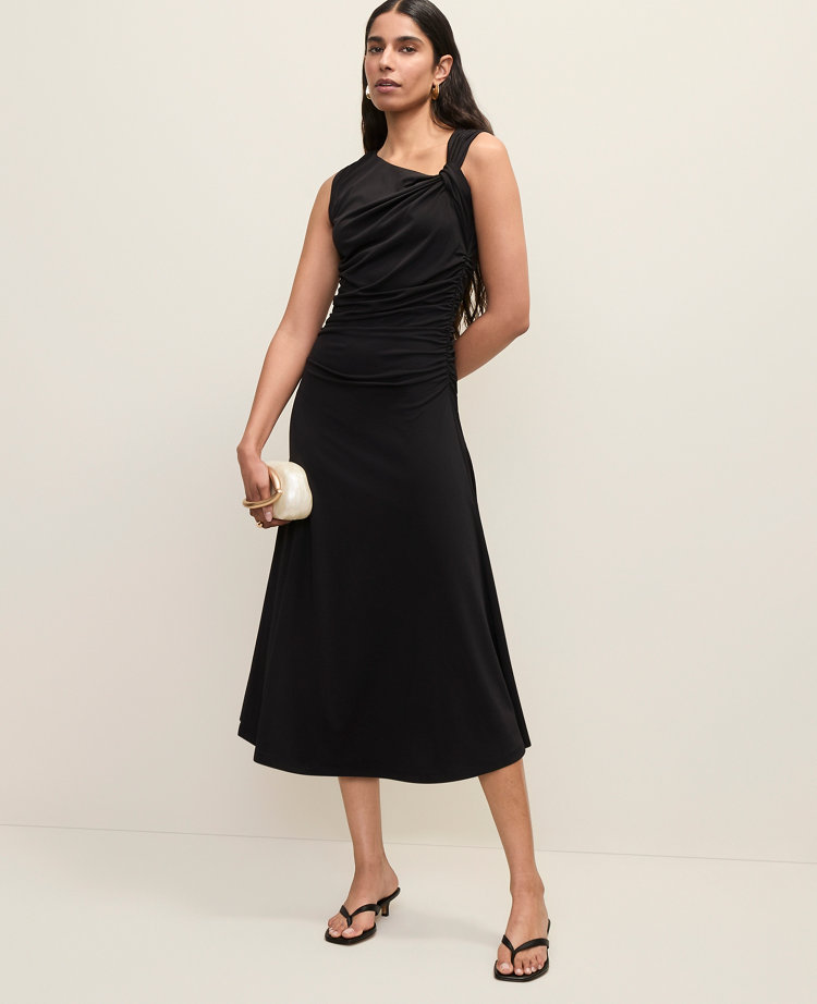 Asymmetric Twist Shoulder Midi Dress