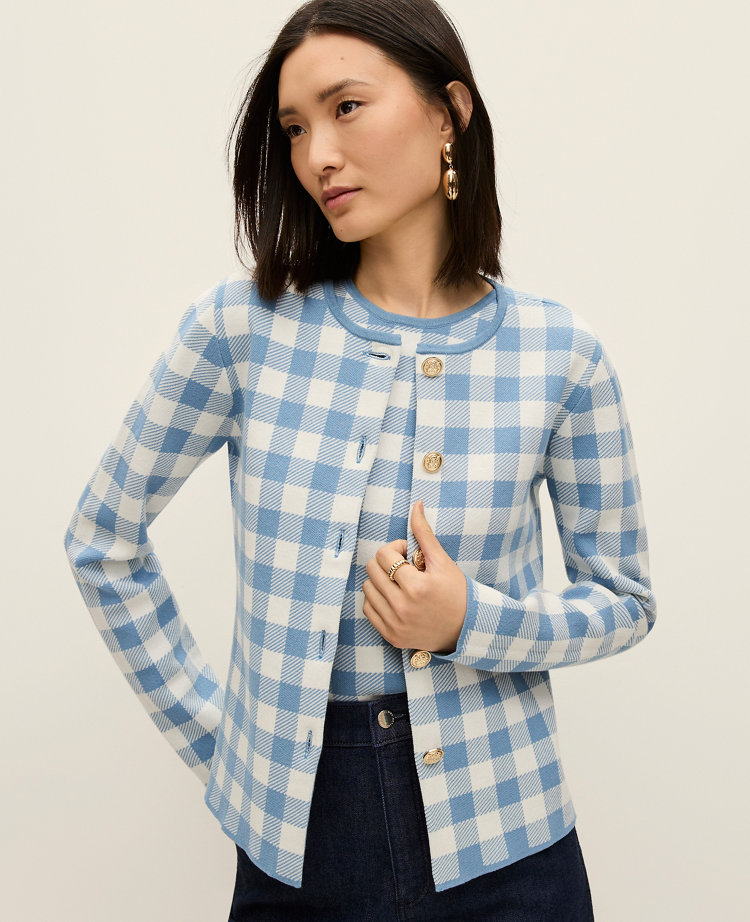 Petite Gingham Jacquard Sweater Jacket