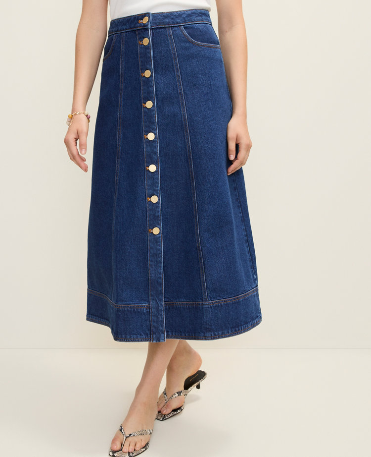 Petite Button Front Denim Midi Skirt