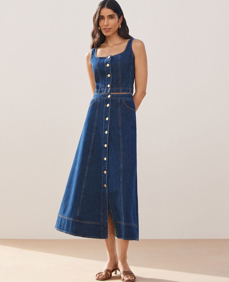 Petite Buttoned Denim Midi Skirt