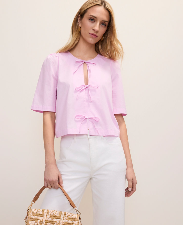 Petite Tie Front Short Sleeve Blouse