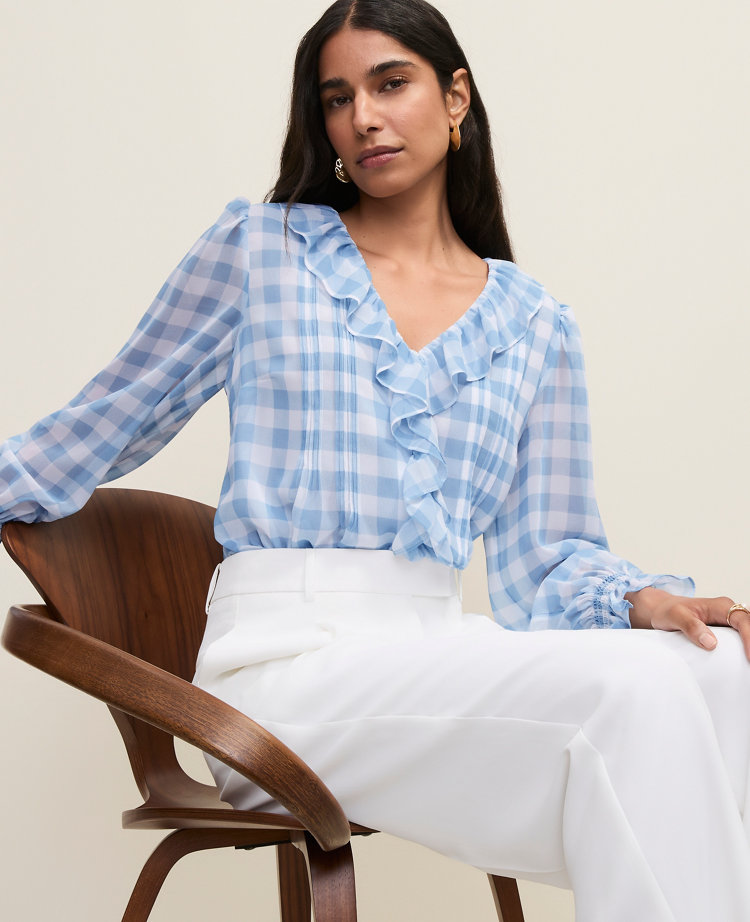 Petite Gingham Ruffle Trim Blouse