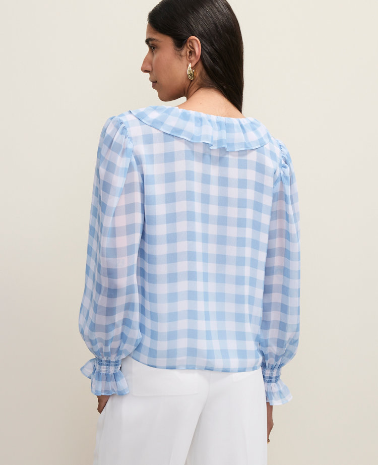 Petite Gingham Ruffle Trim Blouse