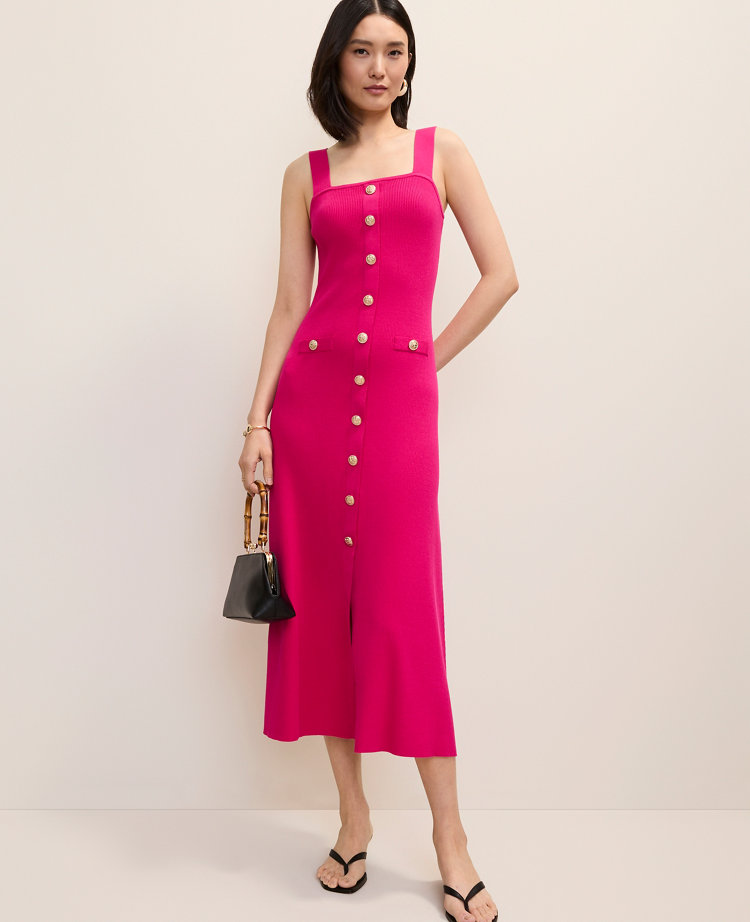 Petite Ribbed Button Sweater Dress