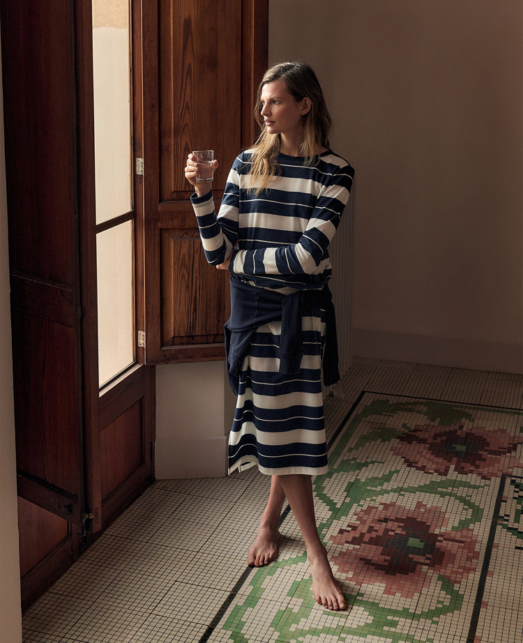 Ann Taylor Haven Well Within Organic Cotton Interlock Stripe Midi Dress Twilight Blue Heather Women's