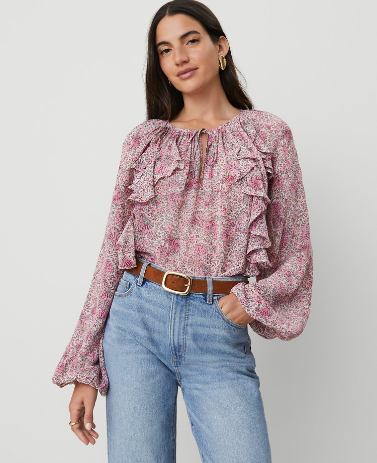 Floral Tie-Neck Ruffle Popover