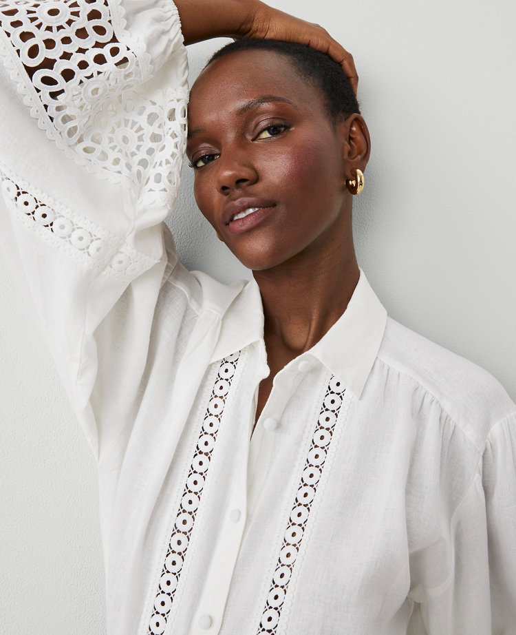 Embroidered Linen-Blend Puff Sleeve Blouse