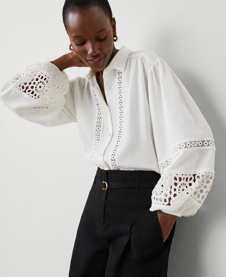 Embroidered Linen-Blend Puff Sleeve Blouse