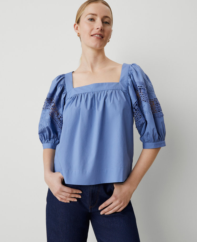 Ann Taylor Eyelet Puff Sleeve Blouse Women's