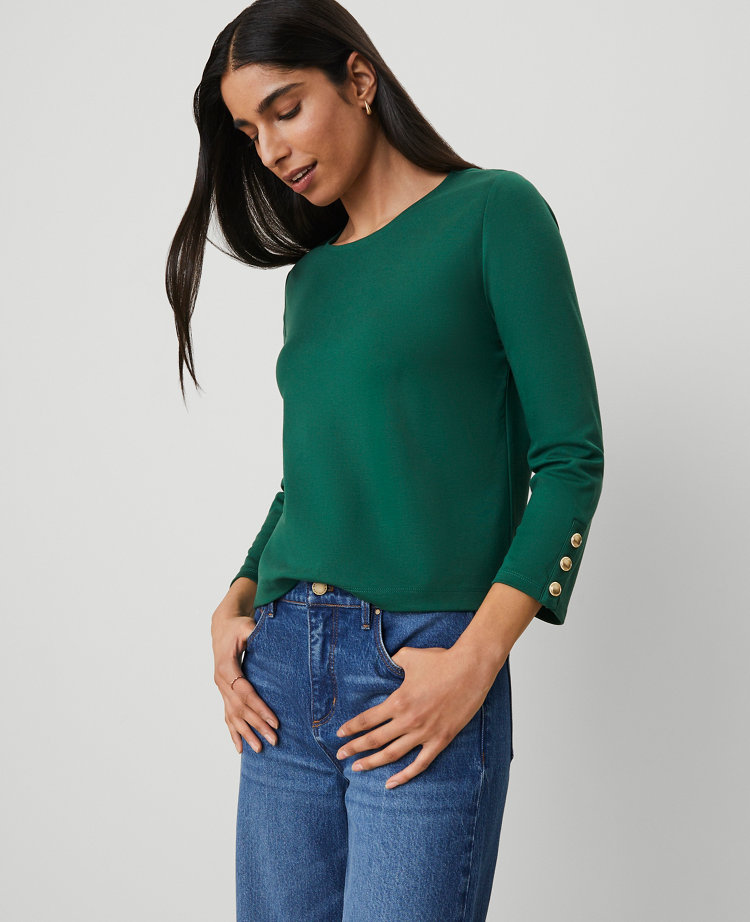 Ann Taylor Ponte Button Cuff Top Fresh Evergreen Women's