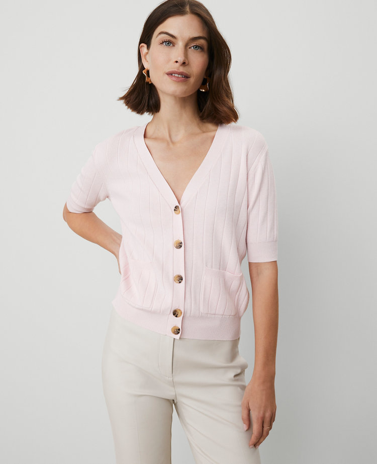 Ribbed Short-Sleeve Pocket Cardigan