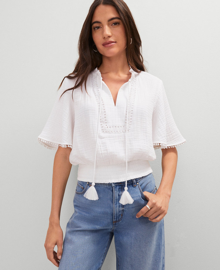 Weekend Collection Linen Blend Tie Neck Blouse