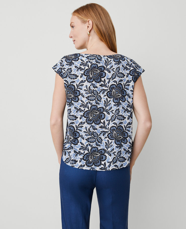 Ann Taylor Floral Boatneck Shirttail Blouse Colony Blue Women's