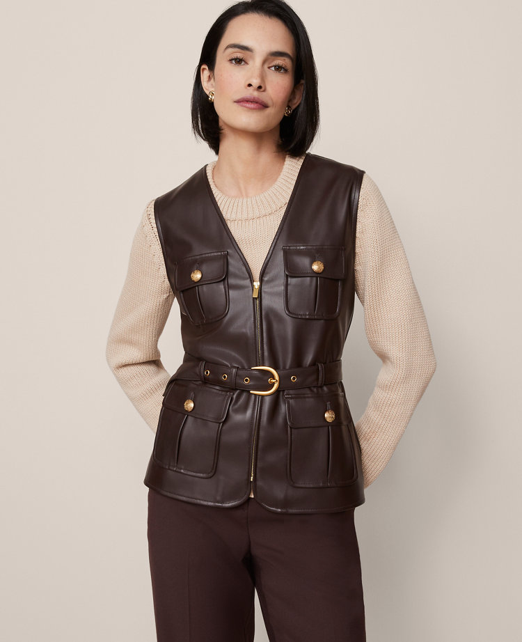 Ann Taylor Belted Faux Leather Vest In Brown