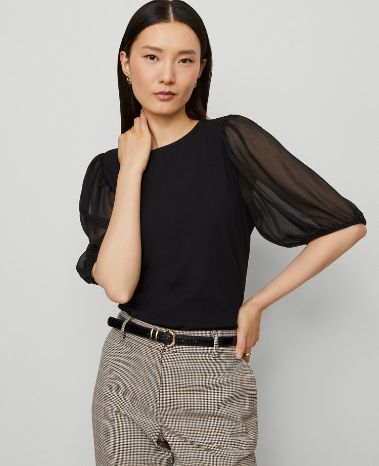 Mixed Media Pleated Sleeve Top