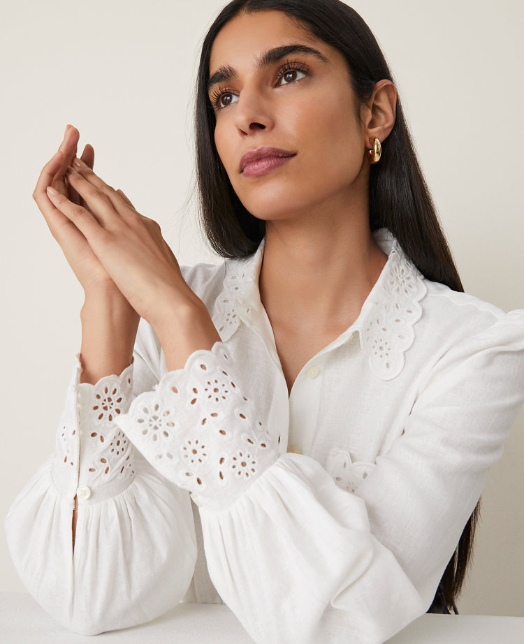 Petite Embroidered Linen Blend Pocket Shirt