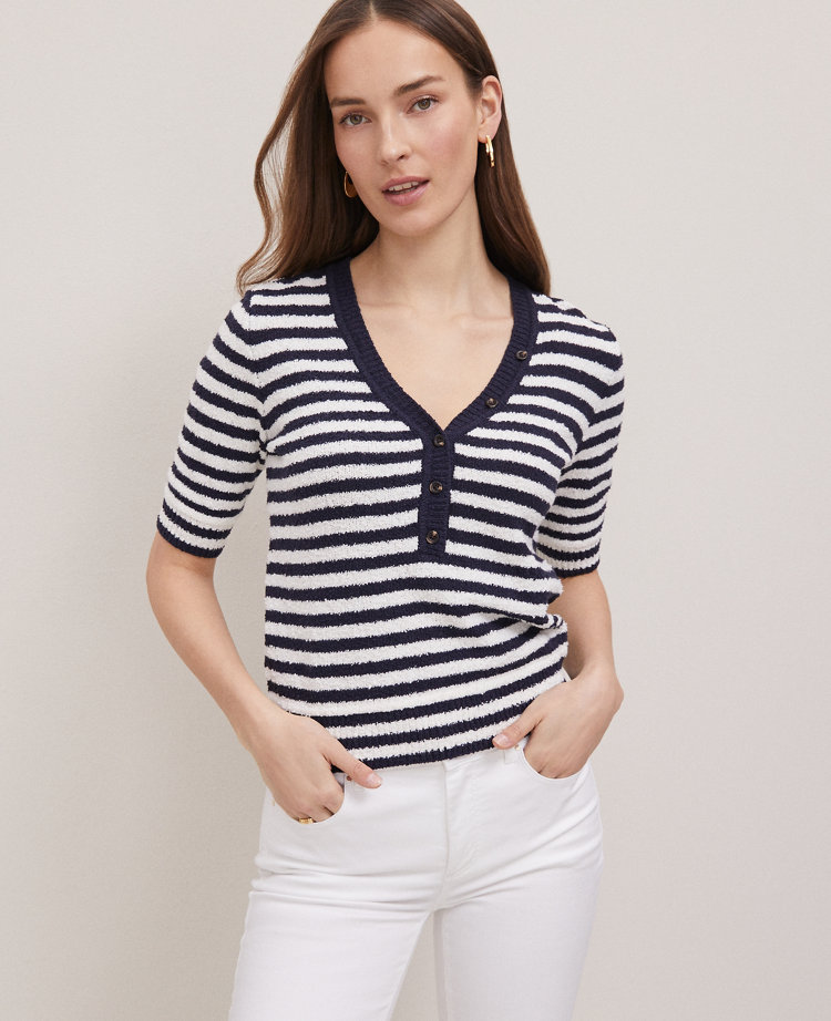 Weekend Collection Striped Bouclé Henley Sweater
