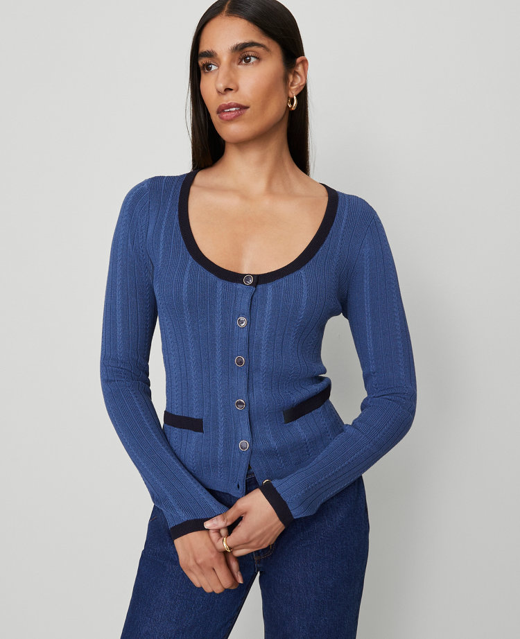 Ann Taylor Contrast Trim Cardigan In Blue