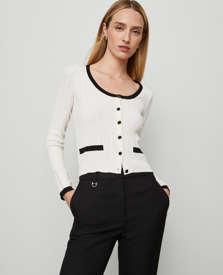 Ann Taylor Contrast Trim Cardigan In White