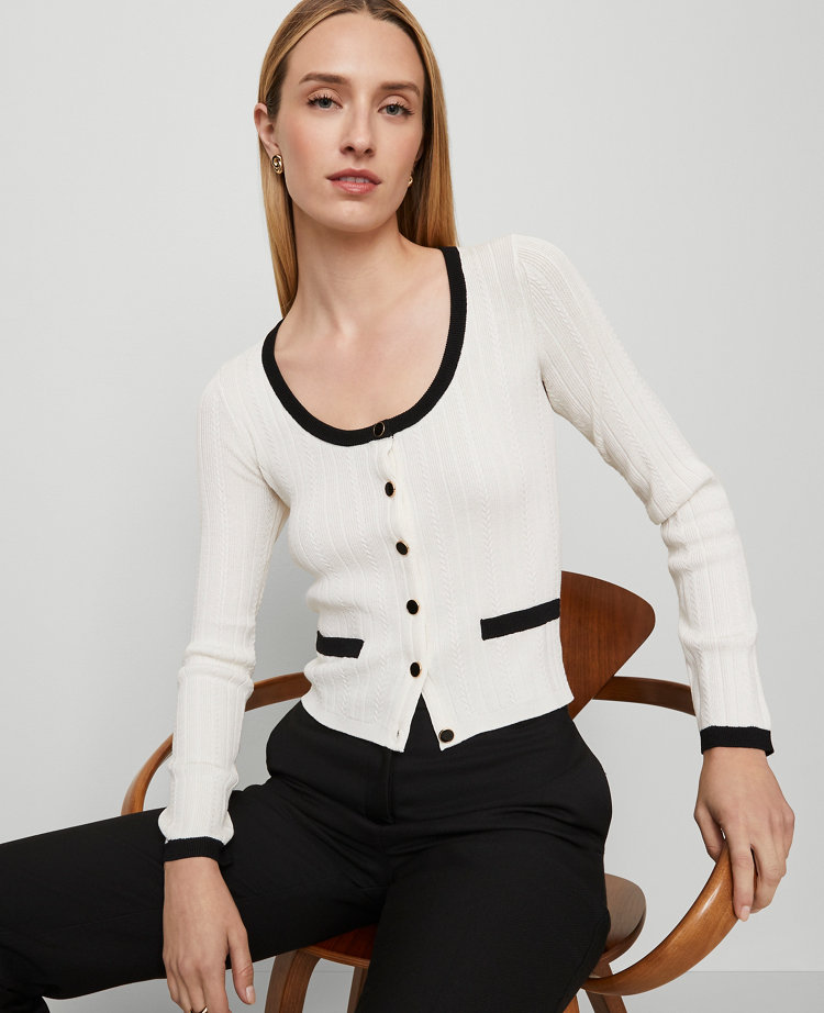 Ann Taylor Contrast Trim Cardigan In White