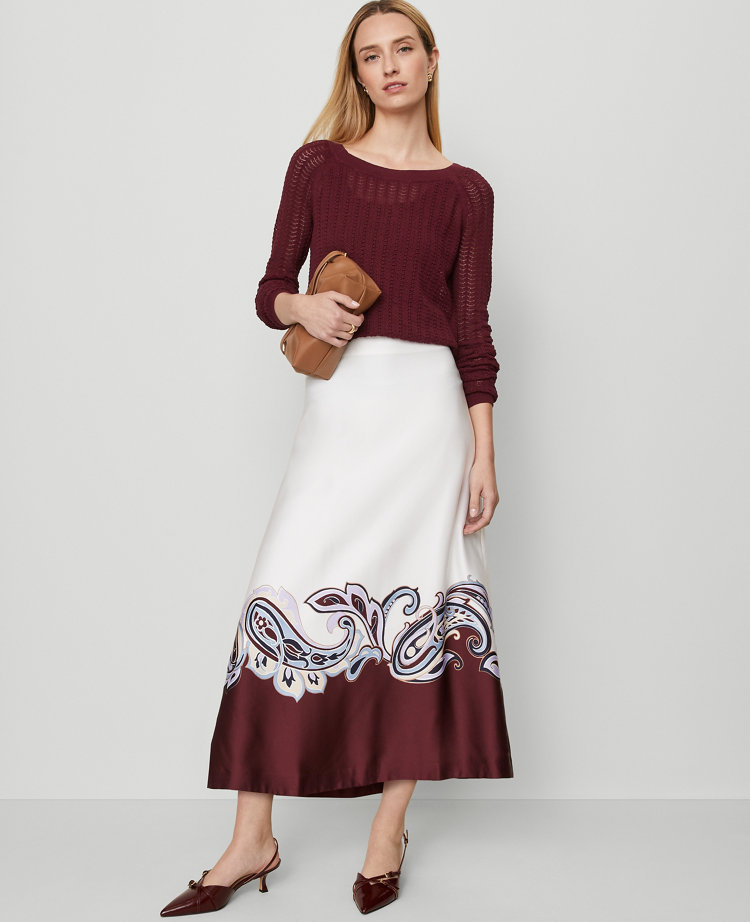 Ann Taylor Paisley Satin Midi Skirt In Burgundy