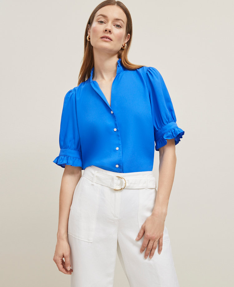Ann Taylor Floral Ruffle Collar Shirt Power Blue Women's
