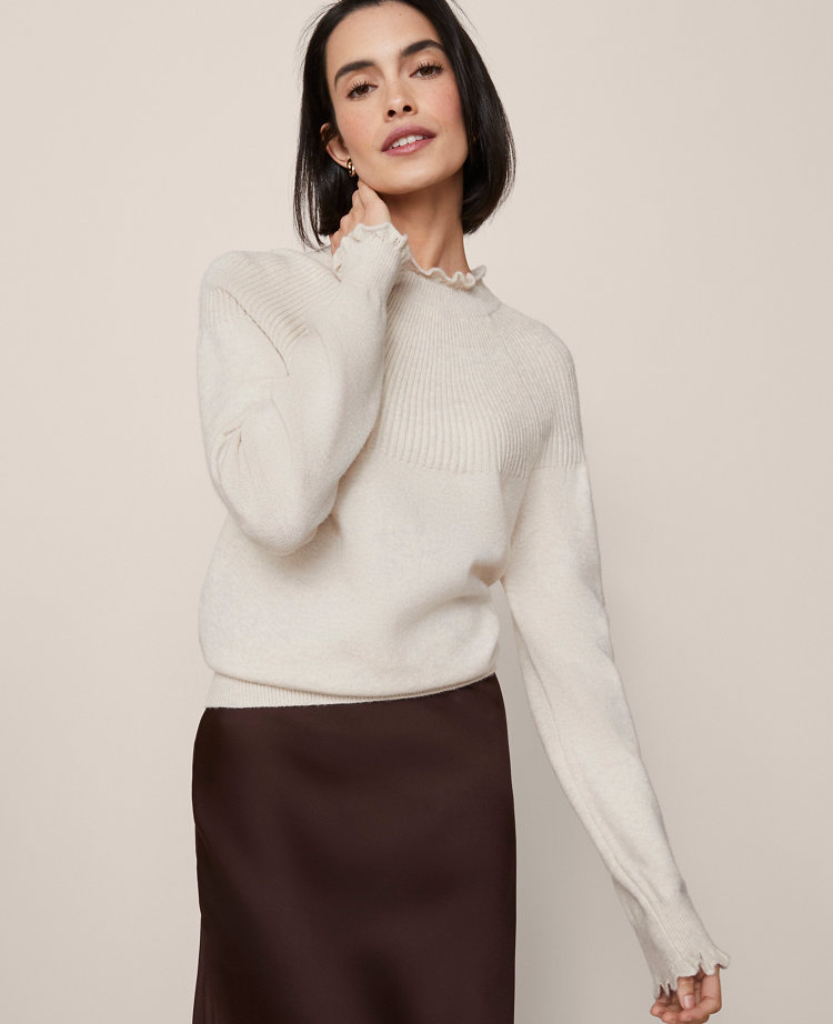 Ann Taylor Ruffle Trimmed Mock Neck Sweater