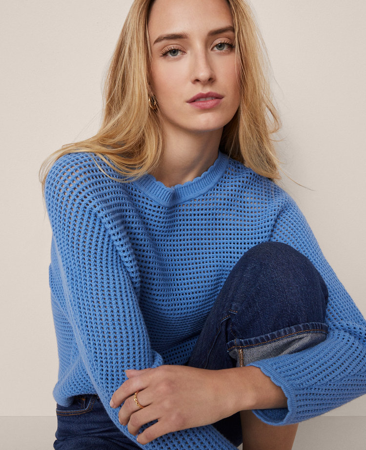 Ann Taylor Weekend Collection Open Stitch Scalloped Sweater In Blue