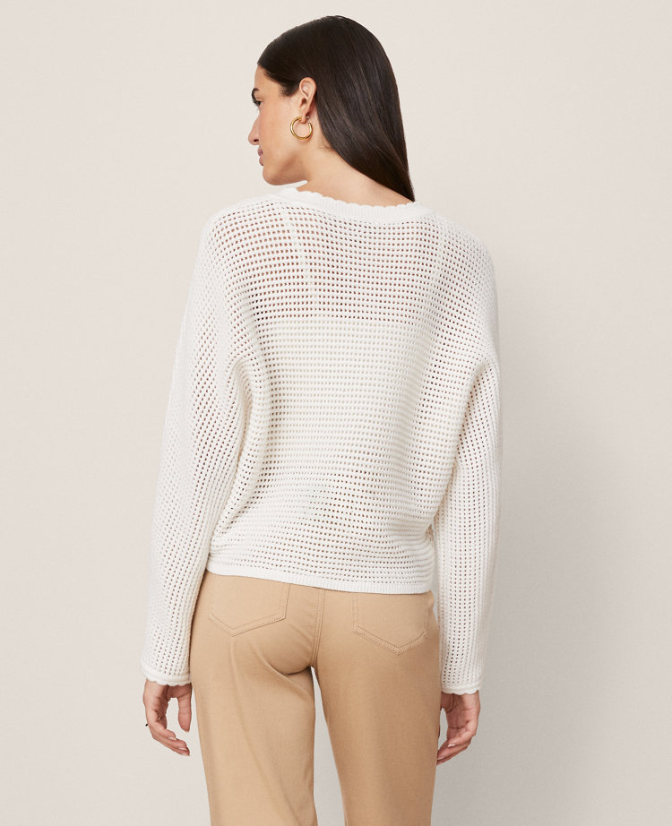 Ann Taylor Weekend Collection Open Stitch Scalloped Sweater In White