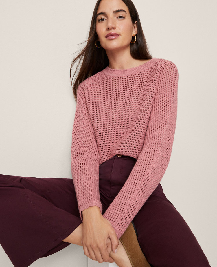 Ann Taylor Weekend Collection Open Stitch Scalloped Sweater In Pink
