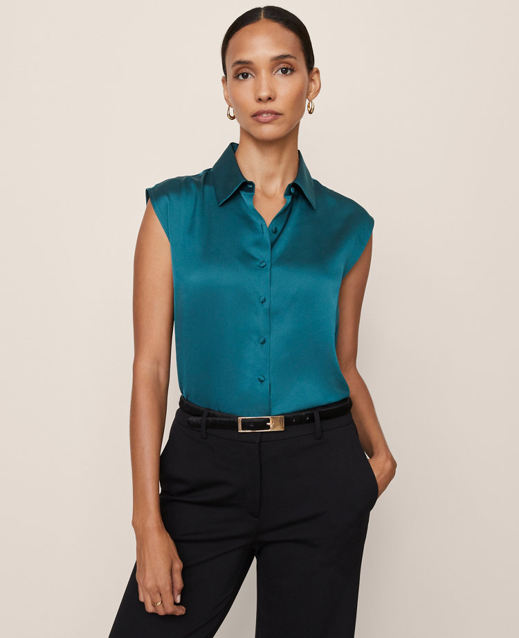 Ann Taylor Collared Satin Blouse In Blue