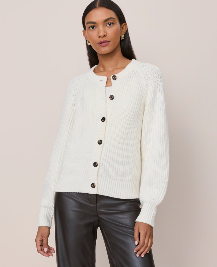 Ann Taylor Chunky Ribbed Crewn Neck Cardigan In White