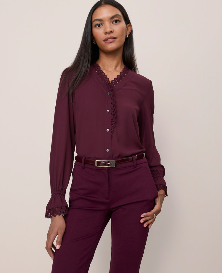 Ann Taylor Lace Ruffle Trim Blouse In Brown