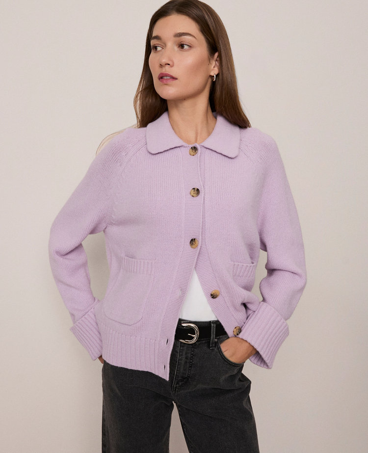 Ann Taylor Weekend Collection Collared Cardigan In Purple