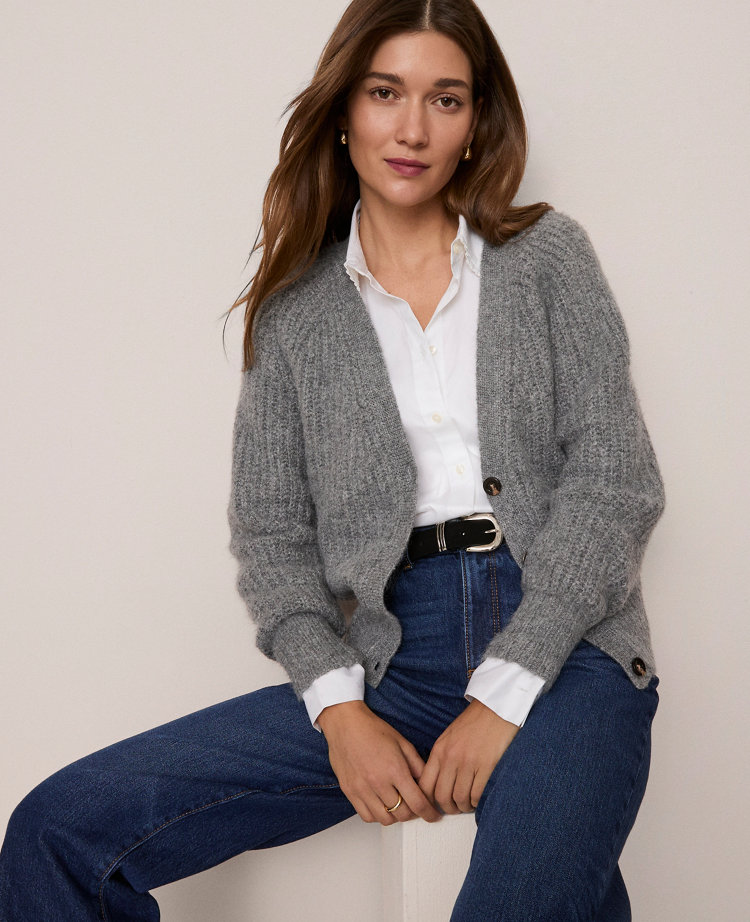 Ann Taylor Weekend Collection Cozy Ribbed Cardigan In Gray