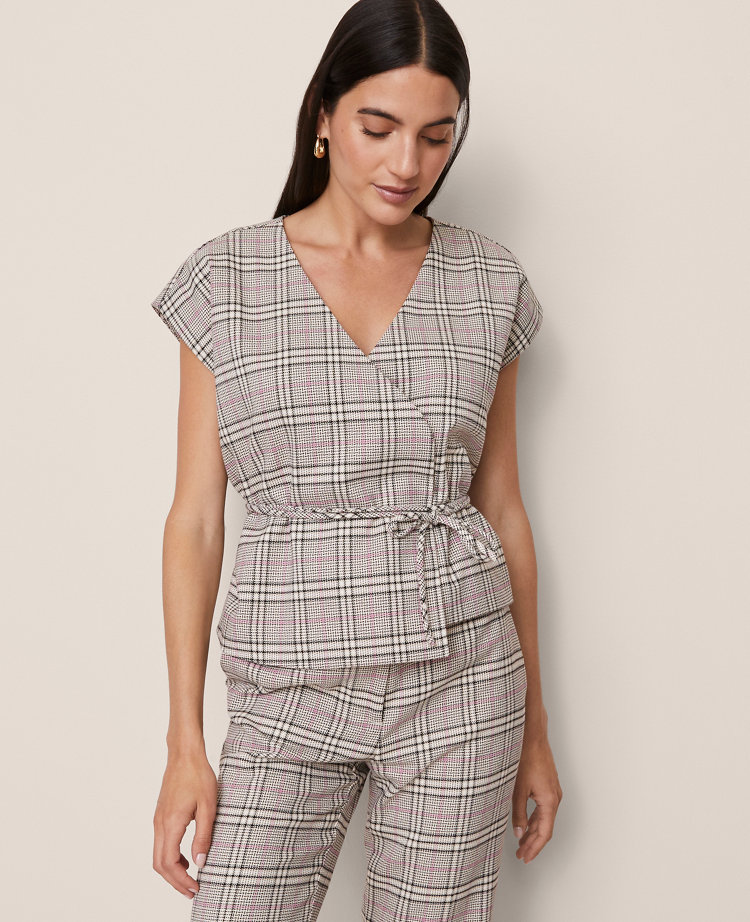 Ann Taylor Plaid Wrap Tie Waist Blouse